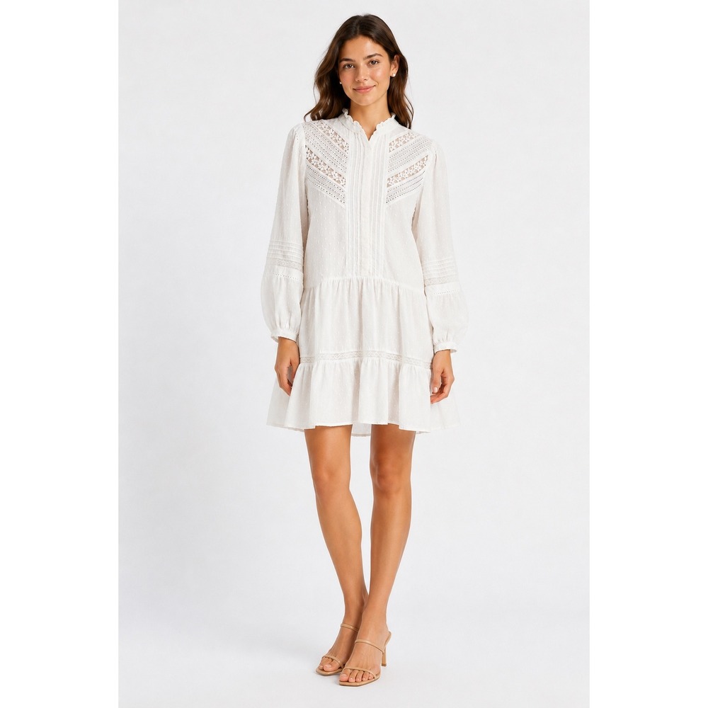 Anthropologie Mini Dress S White Swiss Dot Lace Tiered Babydoll Cotton Boho